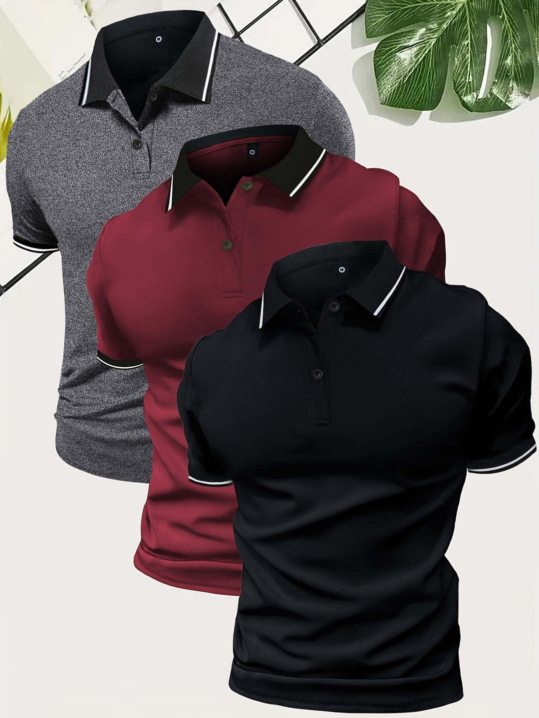 Men’s Contrast Collar Slim Fit Short Sleeve Polo Shirts 3 in 1