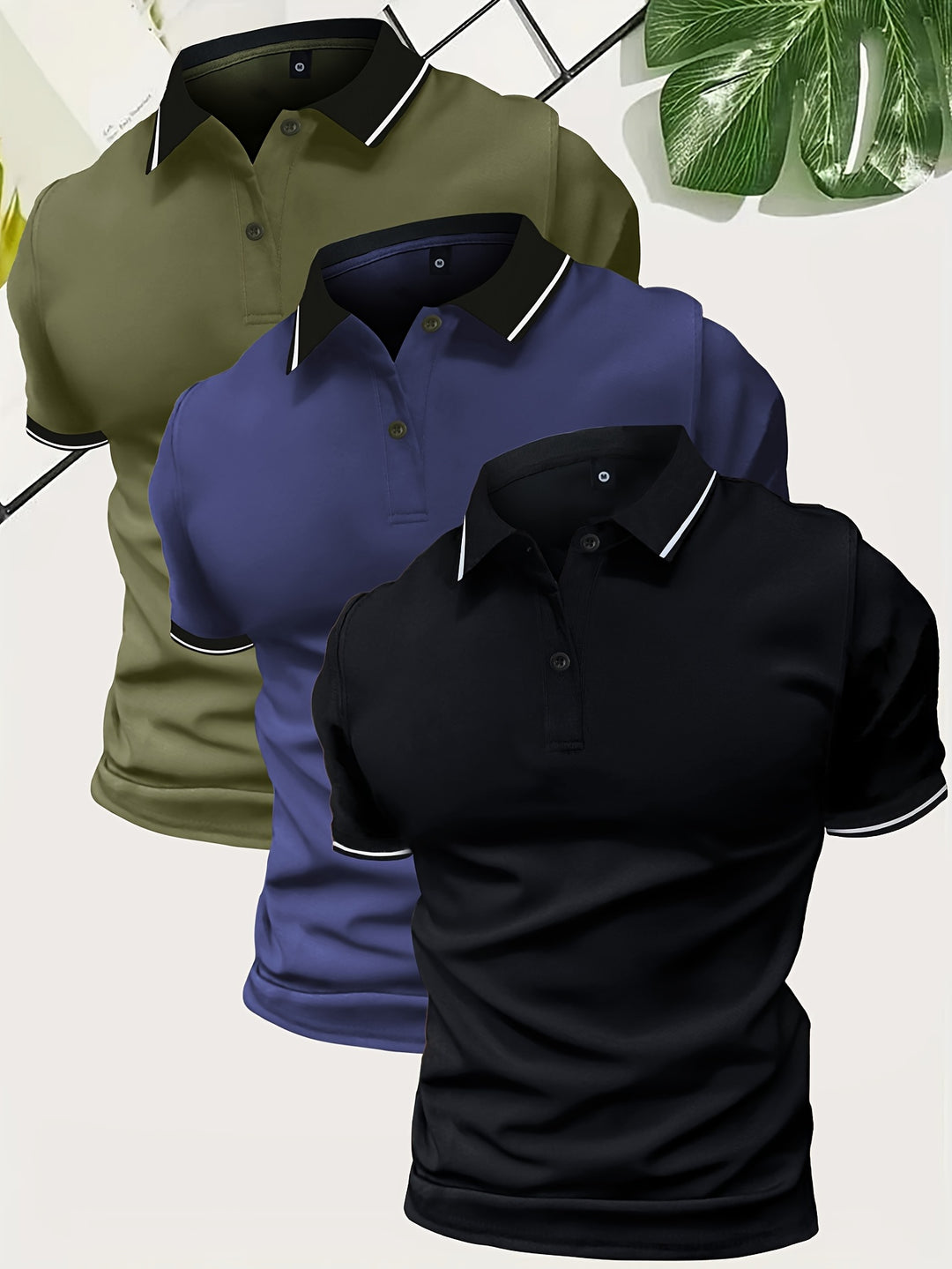 Men’s Contrast Collar Slim Fit Short Sleeve Polo Shirts 3 in 1