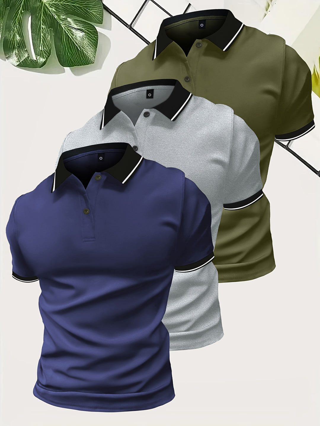 Men’s Contrast Collar Slim Fit Short Sleeve Polo Shirts 3 in 1