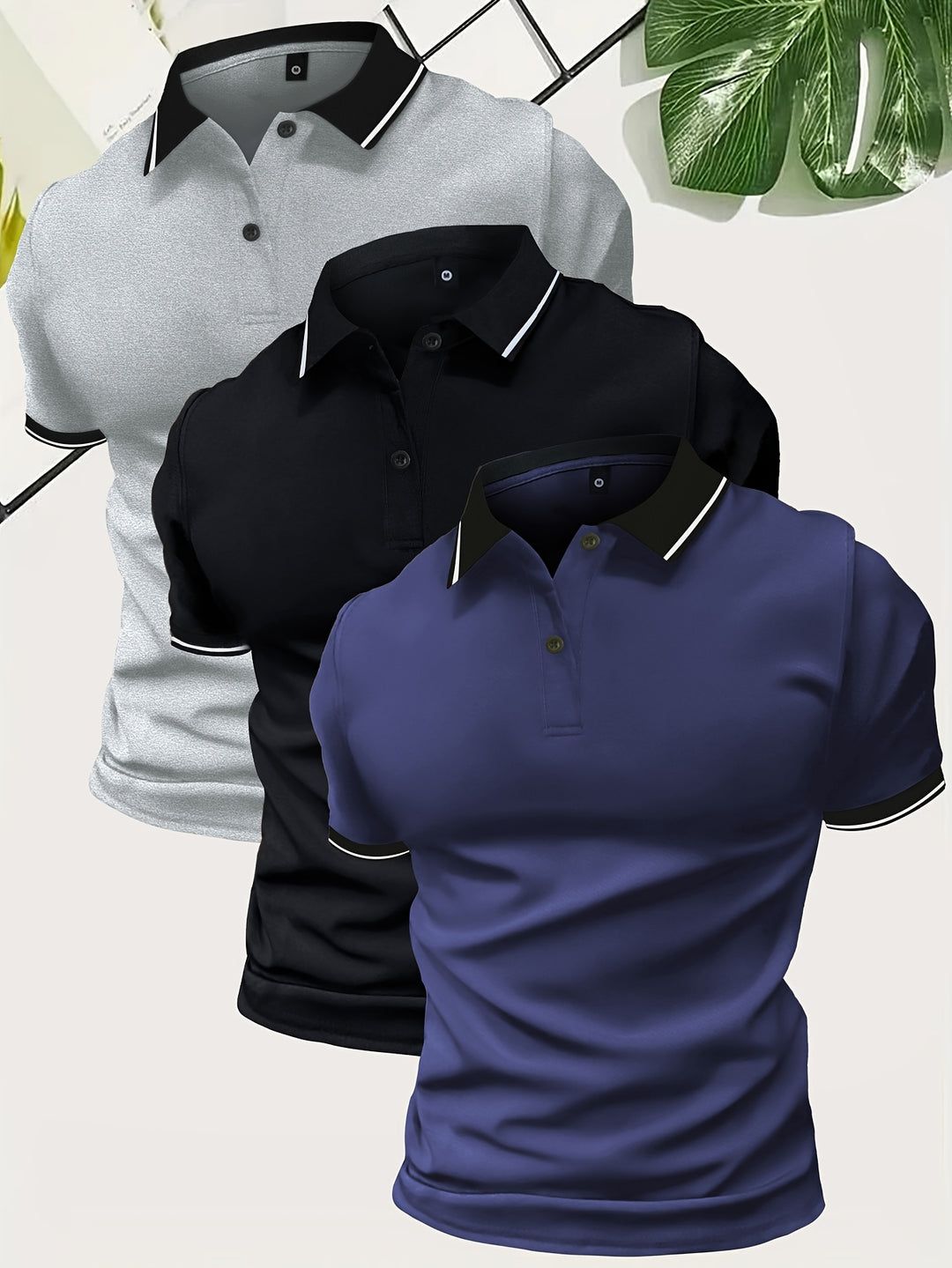 Men’s Contrast Collar Slim Fit Short Sleeve Polo Shirts 3 in 1