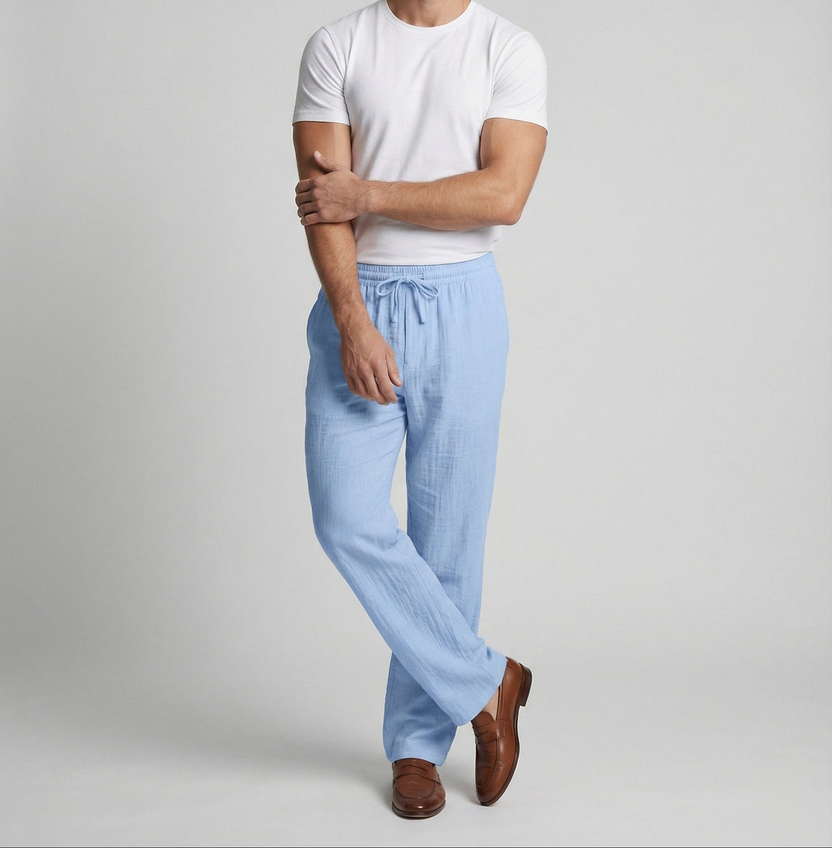 Pantaloni bărbătești ușori, din amestec de in – pantaloni de vară cu croială dreaptă și lejeră, cu talie elastică și șnur, pentru ținute casual de zi cu zi