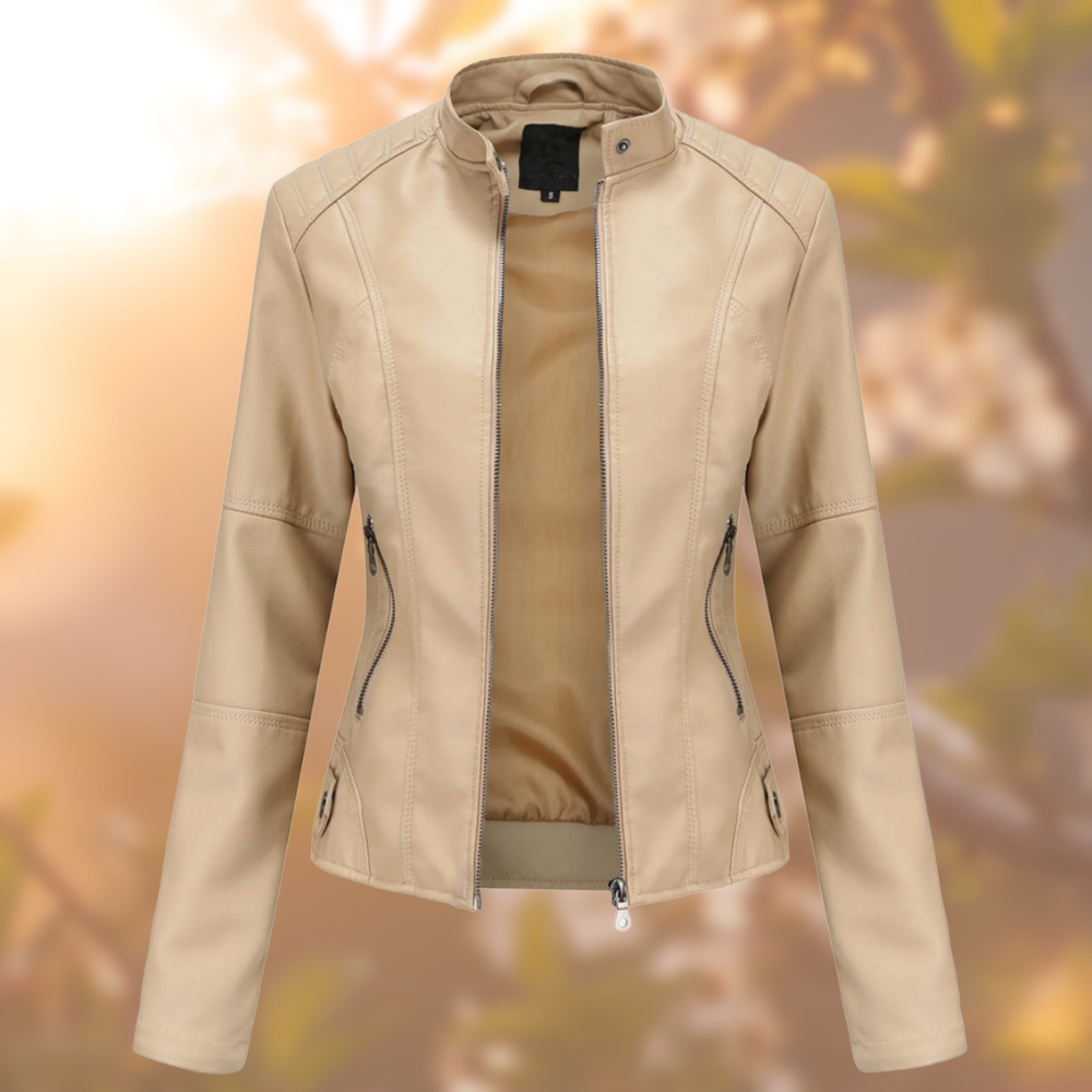 Women’s Leather Look Biker Jacket with Stand Collar and Zip Pockets – Shaped Short Jacket for Everyday and Evening Outfits