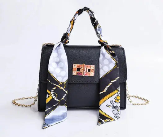 Women’s Structured Chain Handbag Printed Scarf Handle Shoulder Bag
