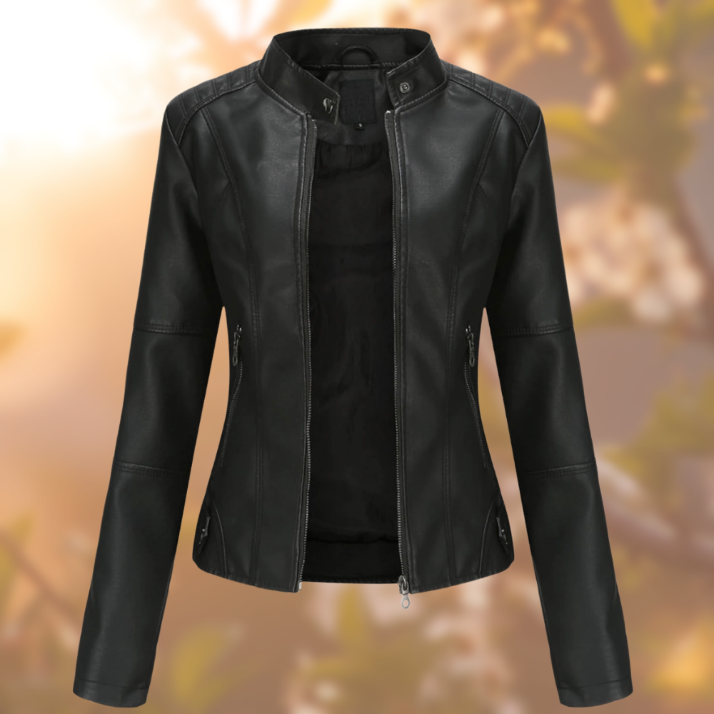 Women’s Leather Look Biker Jacket with Stand Collar and Zip Pockets – Shaped Short Jacket for Everyday and Evening Outfits