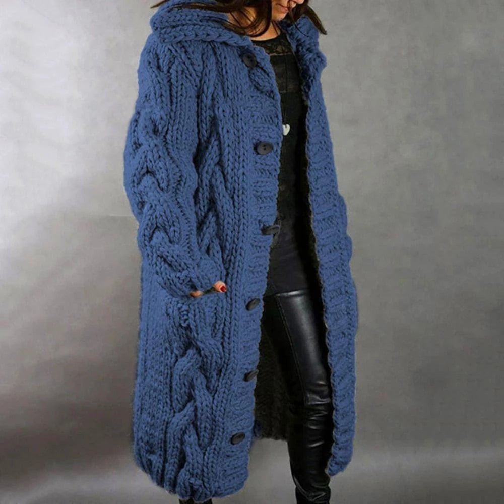 Women’s Long Cable Knit Cardigan – Chunky Hooded Winter Layer with Pockets