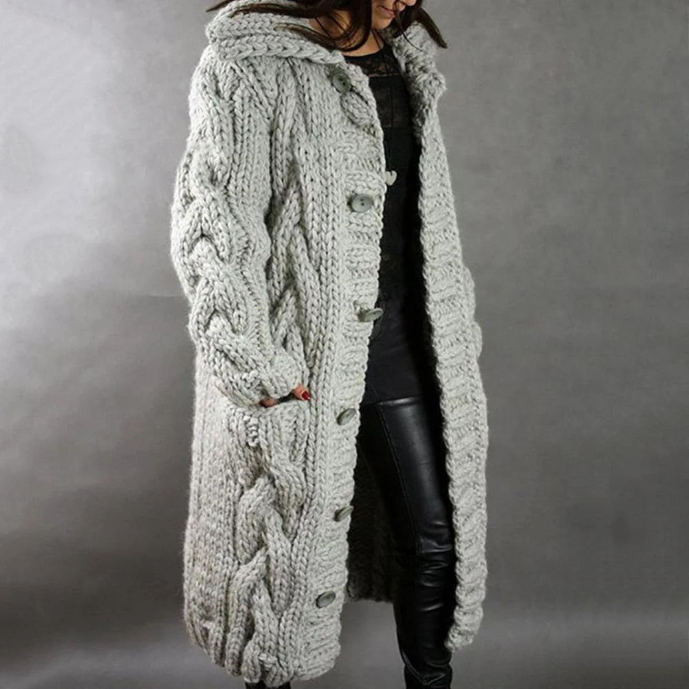 Women’s Long Cable Knit Cardigan – Chunky Hooded Winter Layer with Pockets