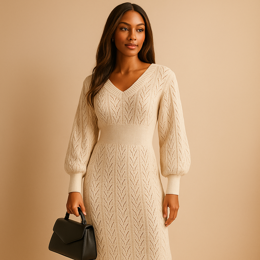 Gestricktes Midikleid für Damen mit V-Ausschnitt – Baumwollstil mit langen Ärmeln für Büro und gepflegte Freizeitkleidung