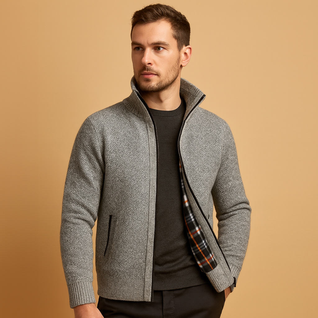Gefütterte Strickjacke für Herren mit Reißverschluss und Stehkragen – Warme Schicht mit Reißverschlusstaschen für Herbst und Winter