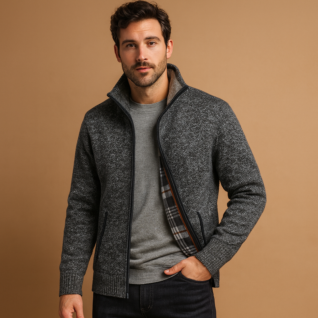Gefütterte Strickjacke für Herren mit Reißverschluss und Stehkragen – Warme Schicht mit Reißverschlusstaschen für Herbst und Winter