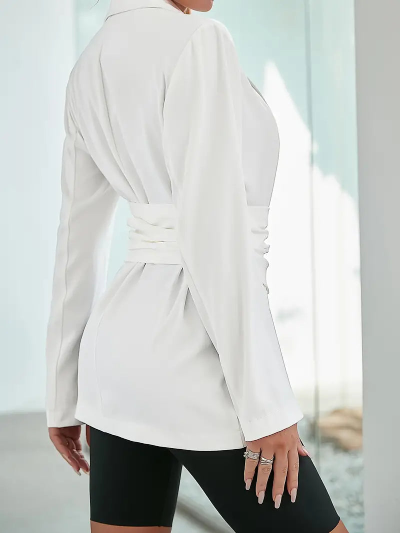 Blazer petrecut asimetric pentru femei, cu talie în stil corset încheiată cu nasturi – jachetă elegantă cambrată pentru birou și ținute de seară