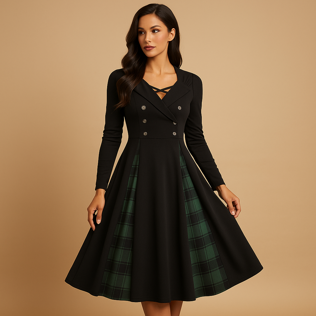 Vestido midi de corte em A e trespassado para mulher – estilo estampado de manga comprida para o trabalho e um visual elegante descontraído