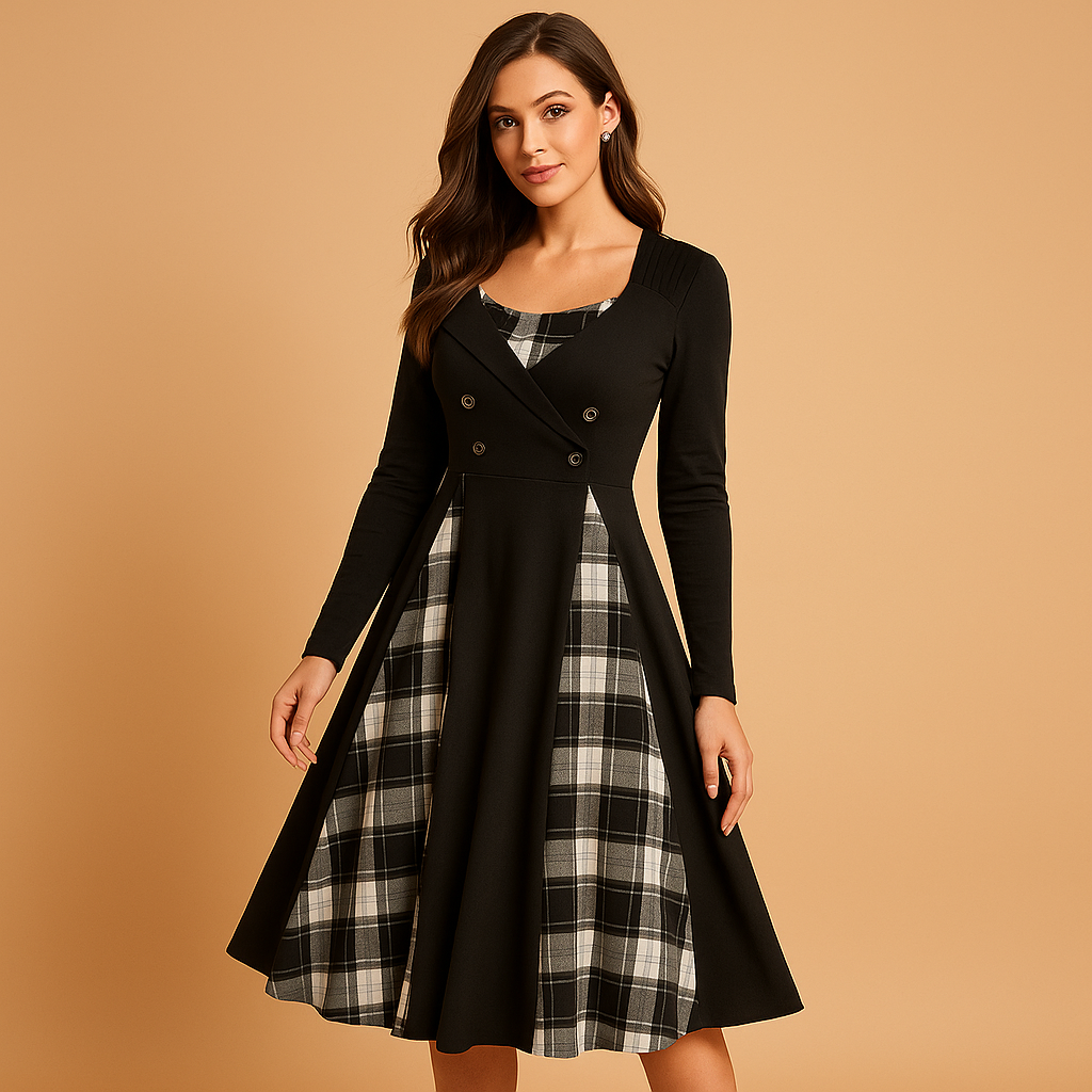 Vestido midi de corte em A e trespassado para mulher – estilo estampado de manga comprida para o trabalho e um visual elegante descontraído