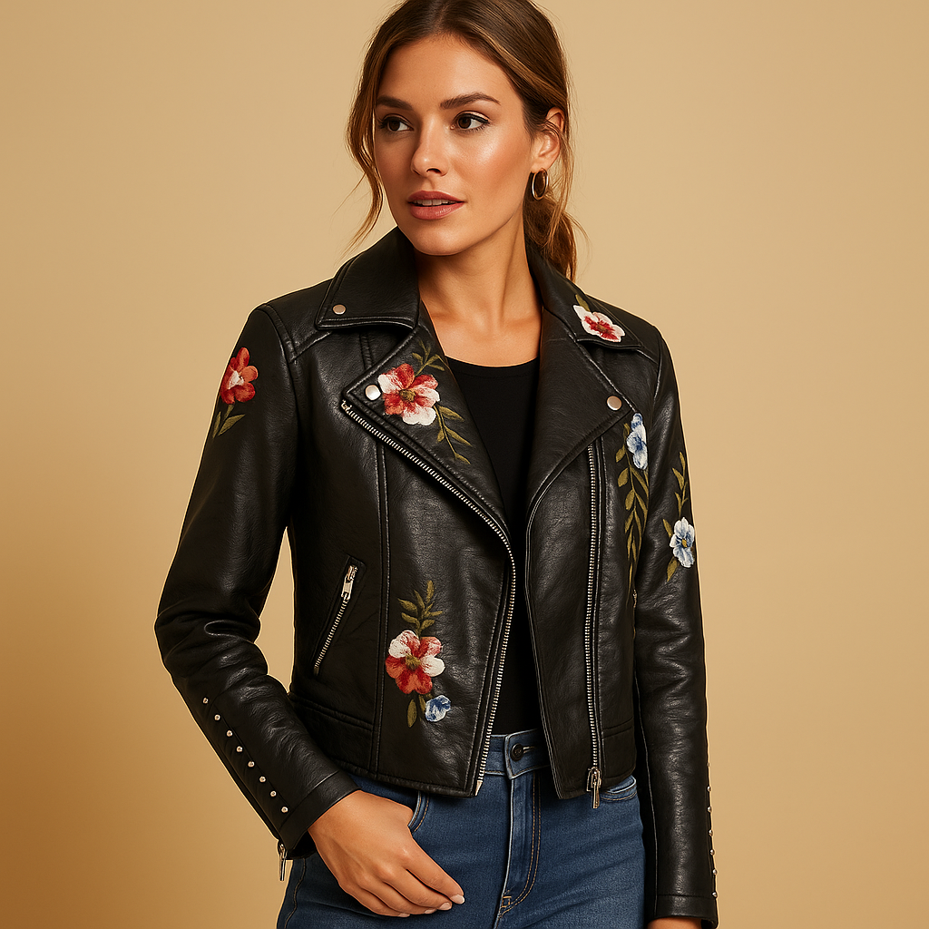 Women’s Printed Moto Biker Jacket – Fitted Asymmetric Zip Layer for Smart Casual Transitional Wear