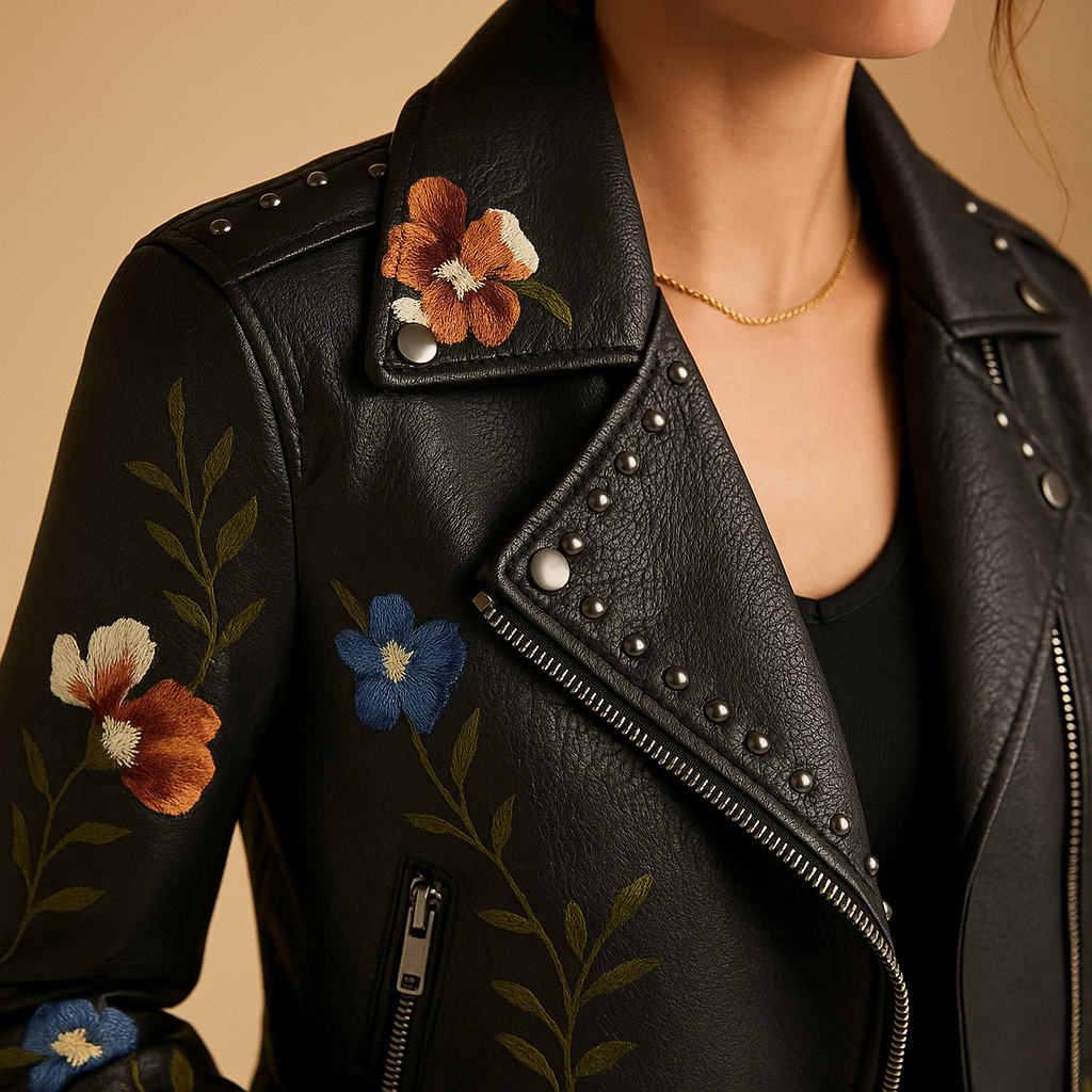 Women’s Printed Moto Biker Jacket – Fitted Asymmetric Zip Layer for Smart Casual Transitional Wear