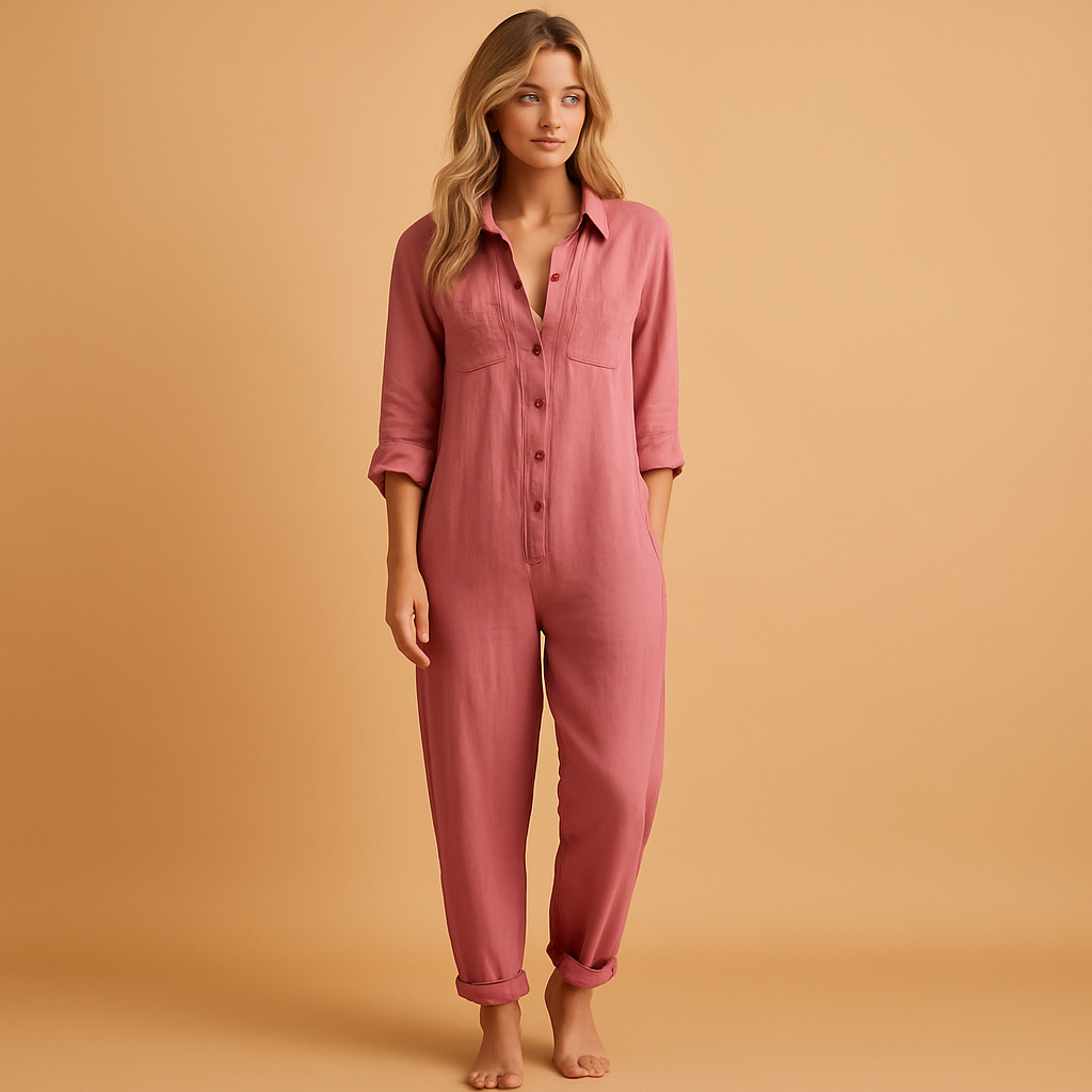 Women’s Button-Front Collared Jumpsuit – Relaxed Long Leg Style for Casual and Smart Everyday Wear