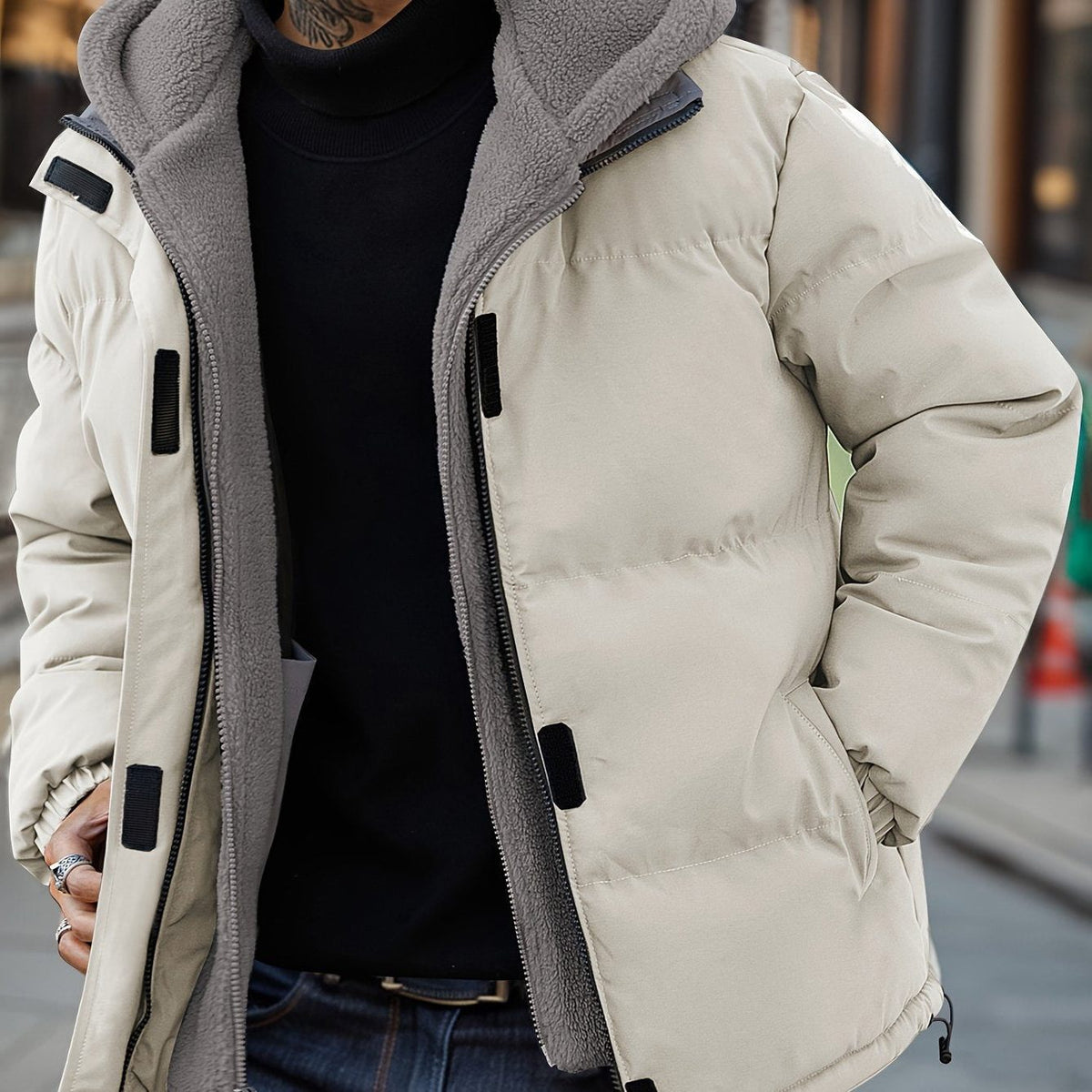Men’s Fleece-Lined Puffer Jacket – Hooded Quilted Winter Coat with Zip Pockets for Cold-Weather Wear