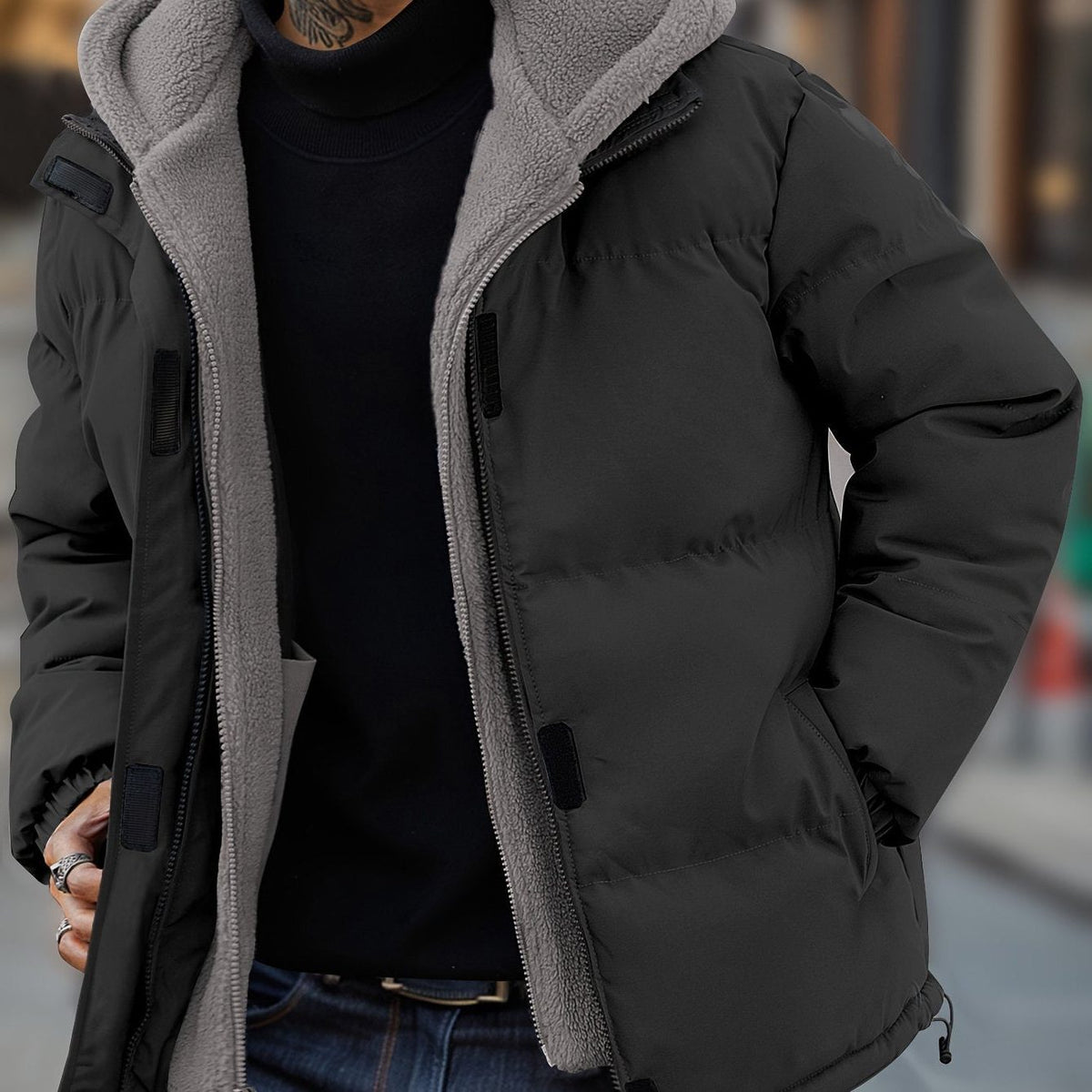 Men’s Fleece-Lined Puffer Jacket – Hooded Quilted Winter Coat with Zip Pockets for Cold-Weather Wear