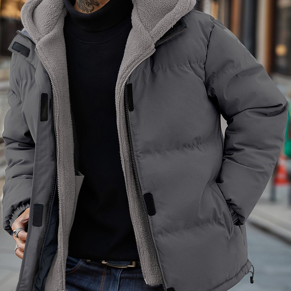 Men’s Fleece-Lined Puffer Jacket – Hooded Quilted Winter Coat with Zip Pockets for Cold-Weather Wear