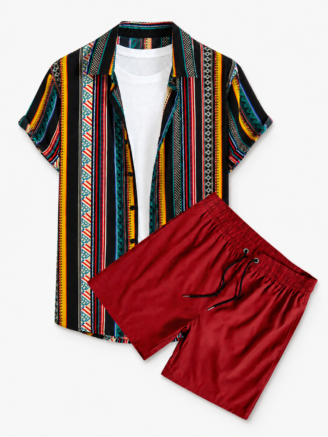 Men’s Summer Resort Set – Printed Button-Up Shirt with Stretch Swim Shorts