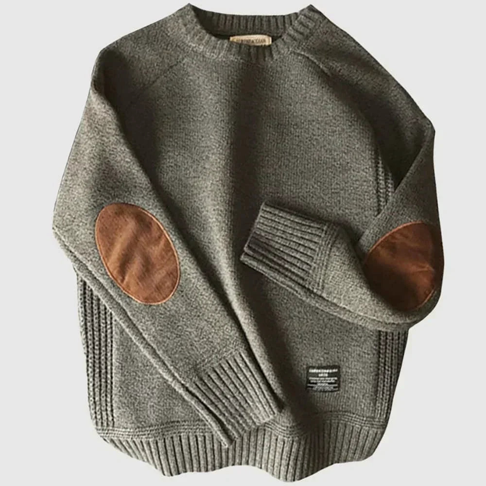Camisola masculina quente de gola redonda com remendos nos cotovelos – malha descontraída de inverno para usar no escritório e ao fim de semana