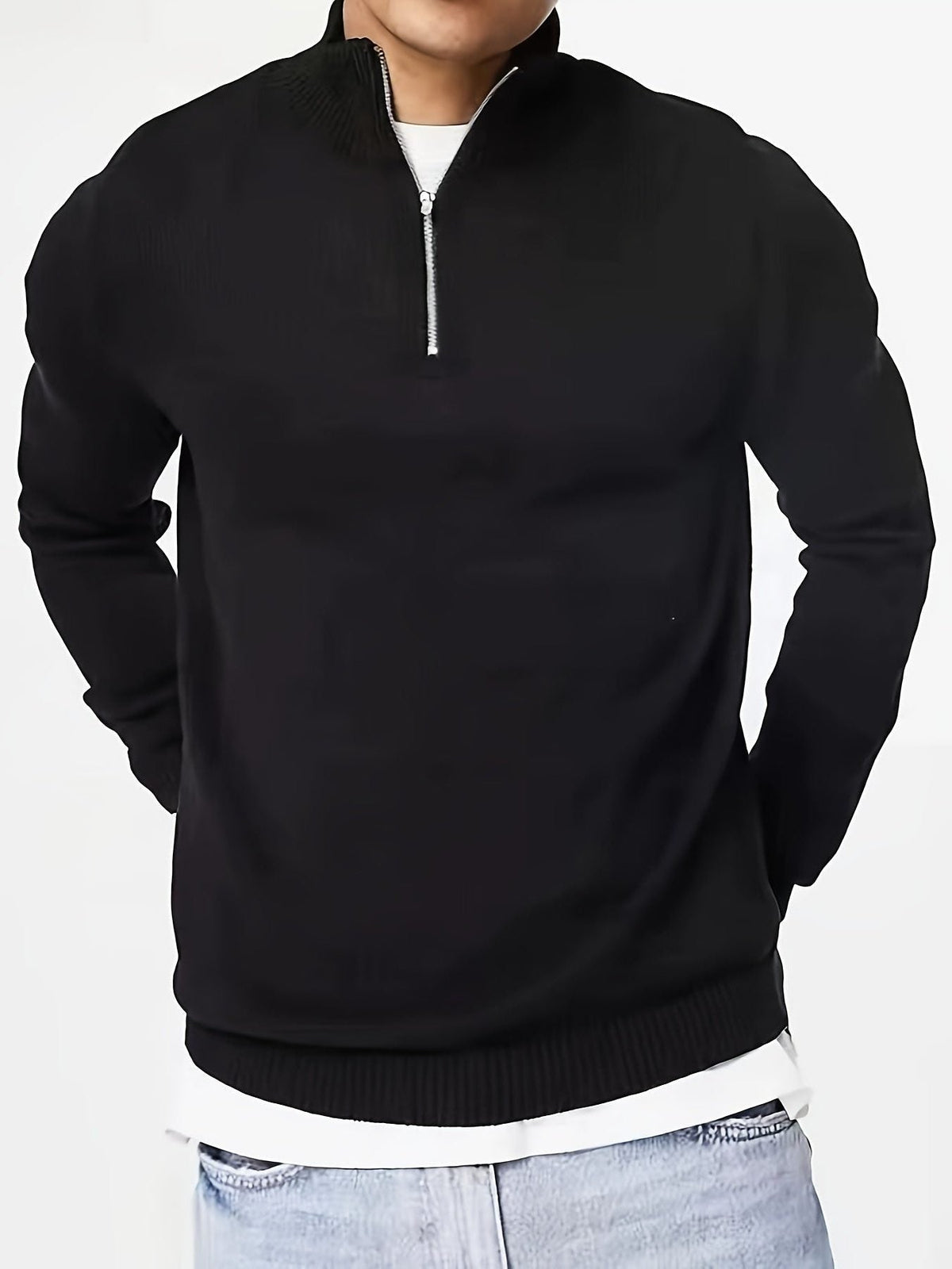 Half-zip sweatshirt til mænd – langærmet pullover med standkrave og ribkanter til afslappet brug i koldt vejr