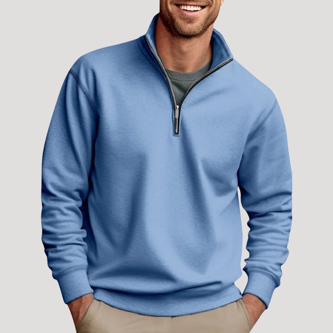 Sweatshirt til mænd med halv lynlås - langærmet pullover med ståkrave og kontrastdetalje ved lynlåsen til afslappet hverdagsbrug