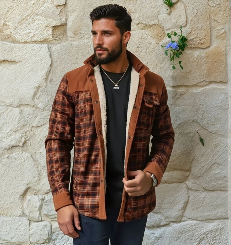 Chaqueta de campo estampada para hombre – Prenda exterior de mezcla de algodón con forro de borreguito y cuello alto