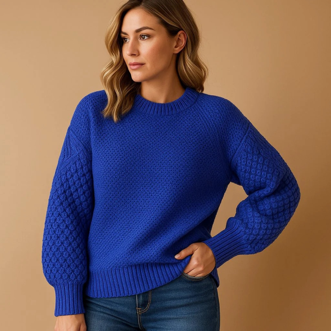 Women’s Textured Knit Sweater – Balloon Sleeve Crew-Neck Style for Autumn and Winter Wear