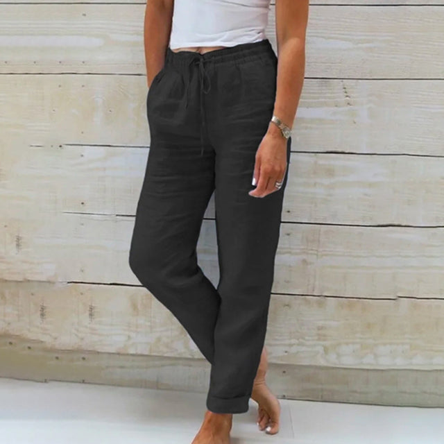 Pantaloni de vară pentru femei, din in, cu șnur, ușori și lejeri