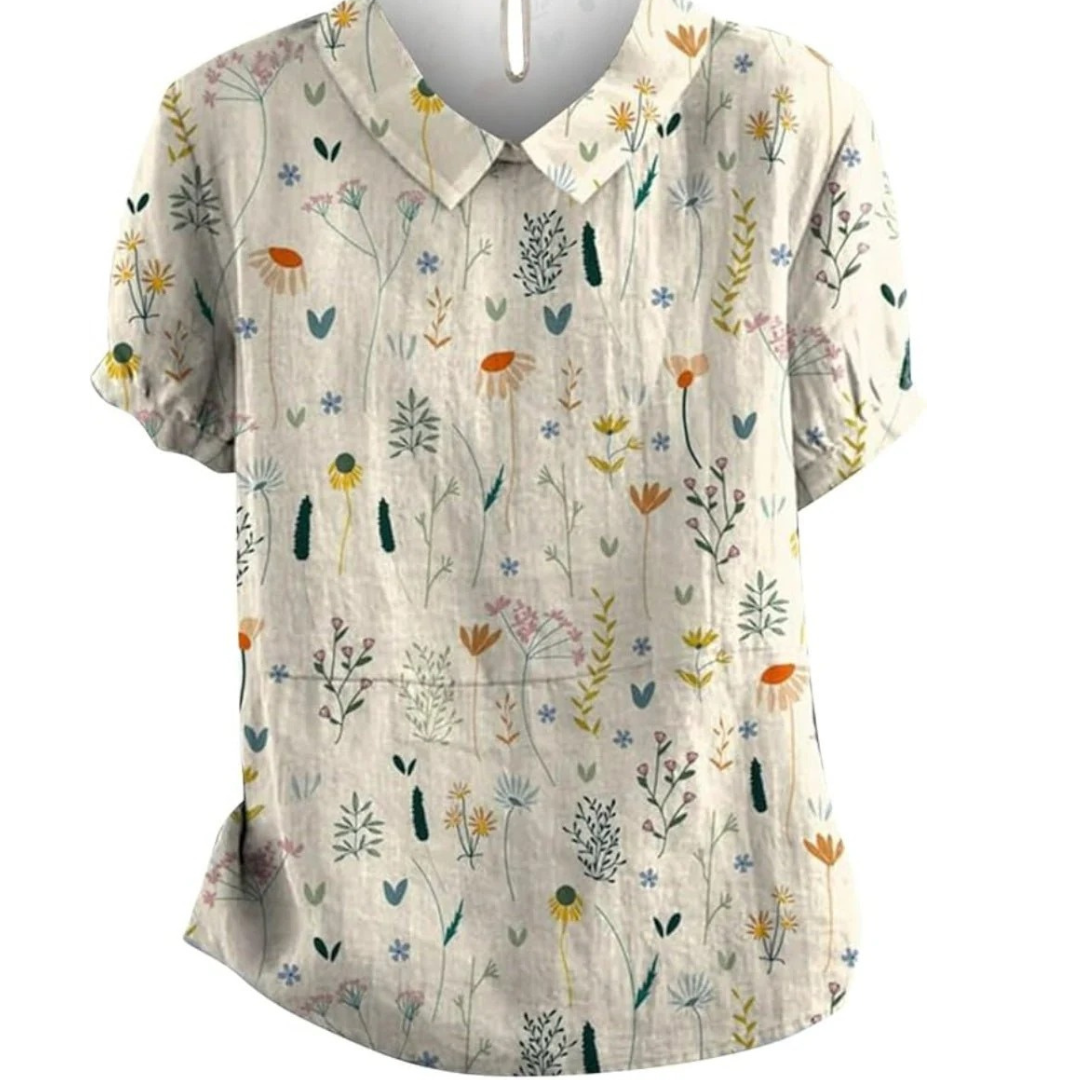 Blouse femme à imprimé botanique – Haut ample à manches courtes pour le printemps et l’été