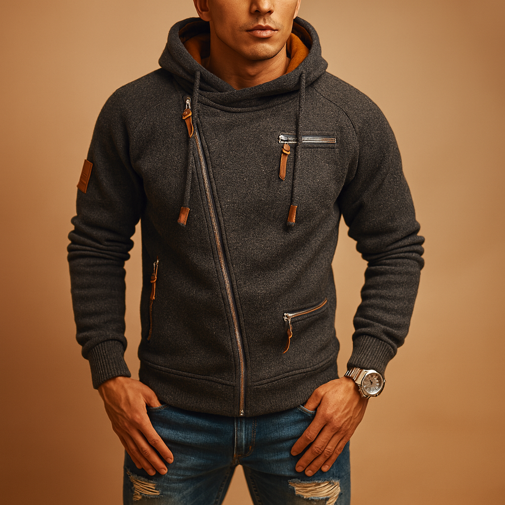 Men’s Hooded Zip-Up Sweatshirt – Warm Multi-Pocket Asymmetric-Zip Layer for Casual Everyday Weekend Travel and Autumn Winter Wear