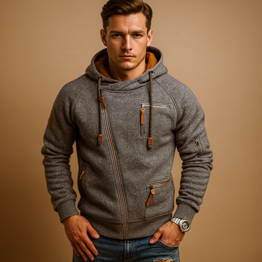 Men’s Hooded Zip-Up Sweatshirt – Warm Multi-Pocket Asymmetric-Zip Layer for Casual Everyday Weekend Travel and Autumn Winter Wear