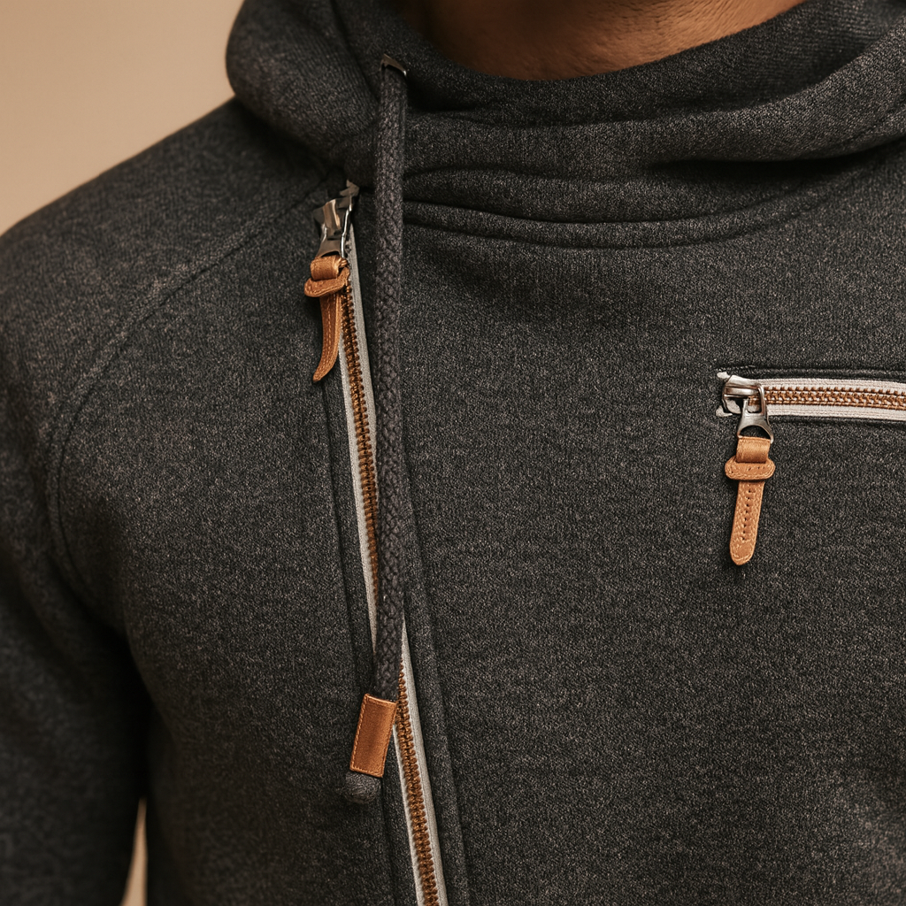 Men’s Hooded Zip-Up Sweatshirt – Warm Multi-Pocket Asymmetric-Zip Layer for Casual Everyday Weekend Travel and Autumn Winter Wear
