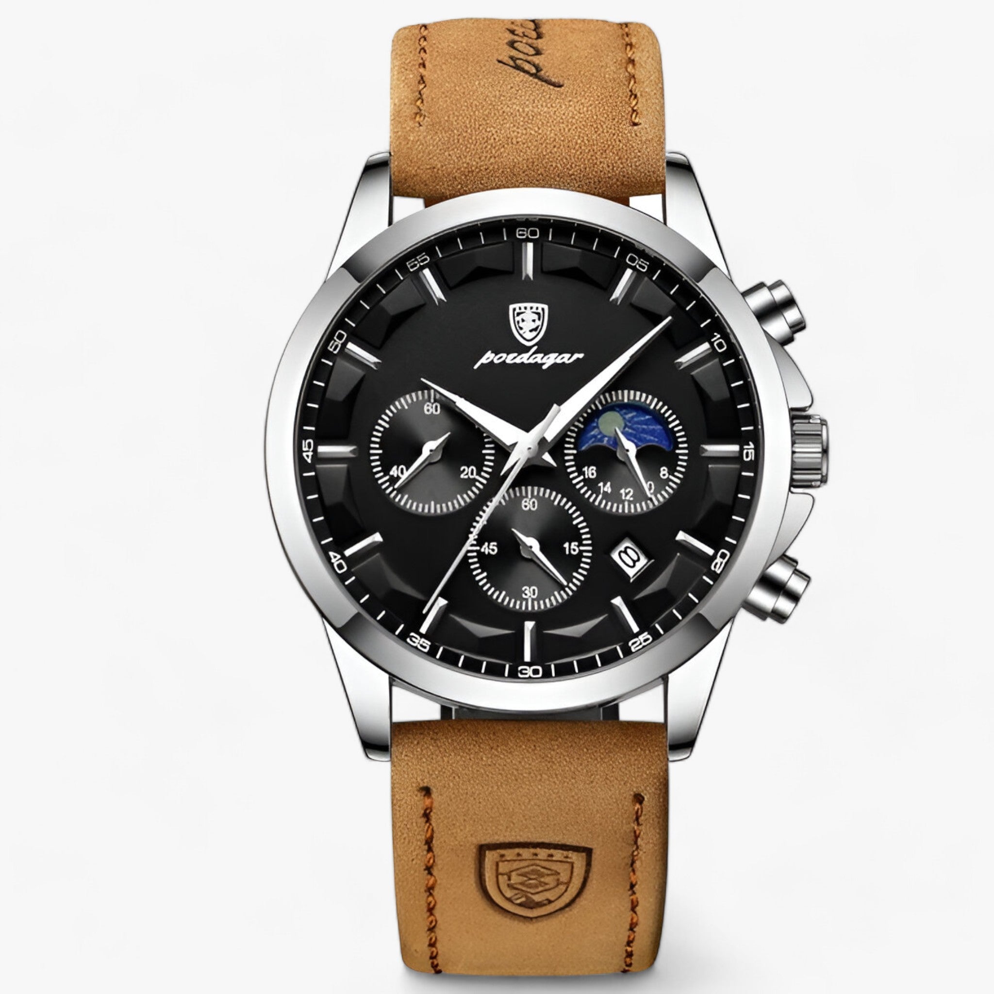 Męski wodoodporny zegarek chronograf z podświetlaną tarczą i skórzanym paskiem