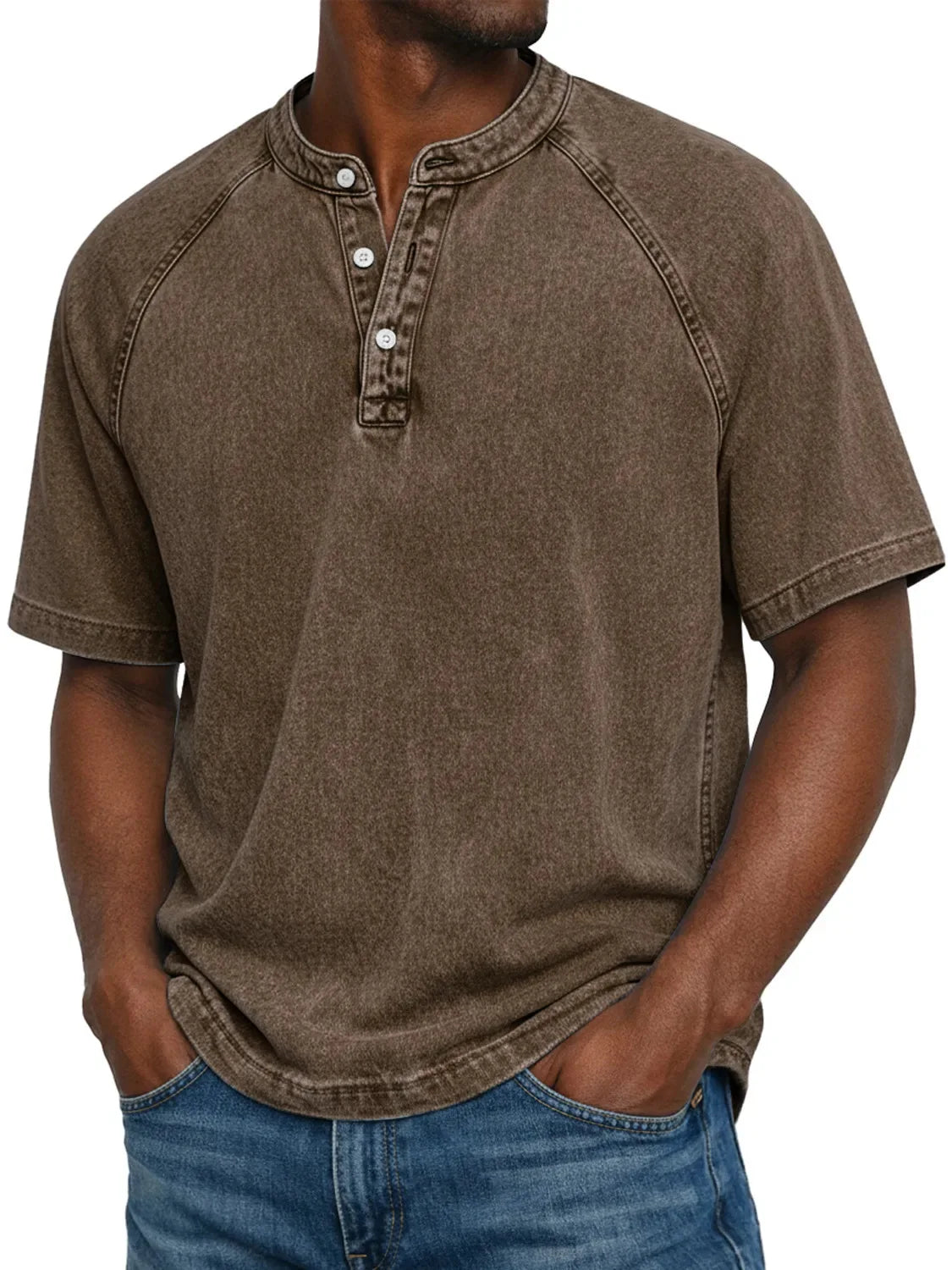 Men’s Washed Henley Short Sleeve Casual T-Shirt