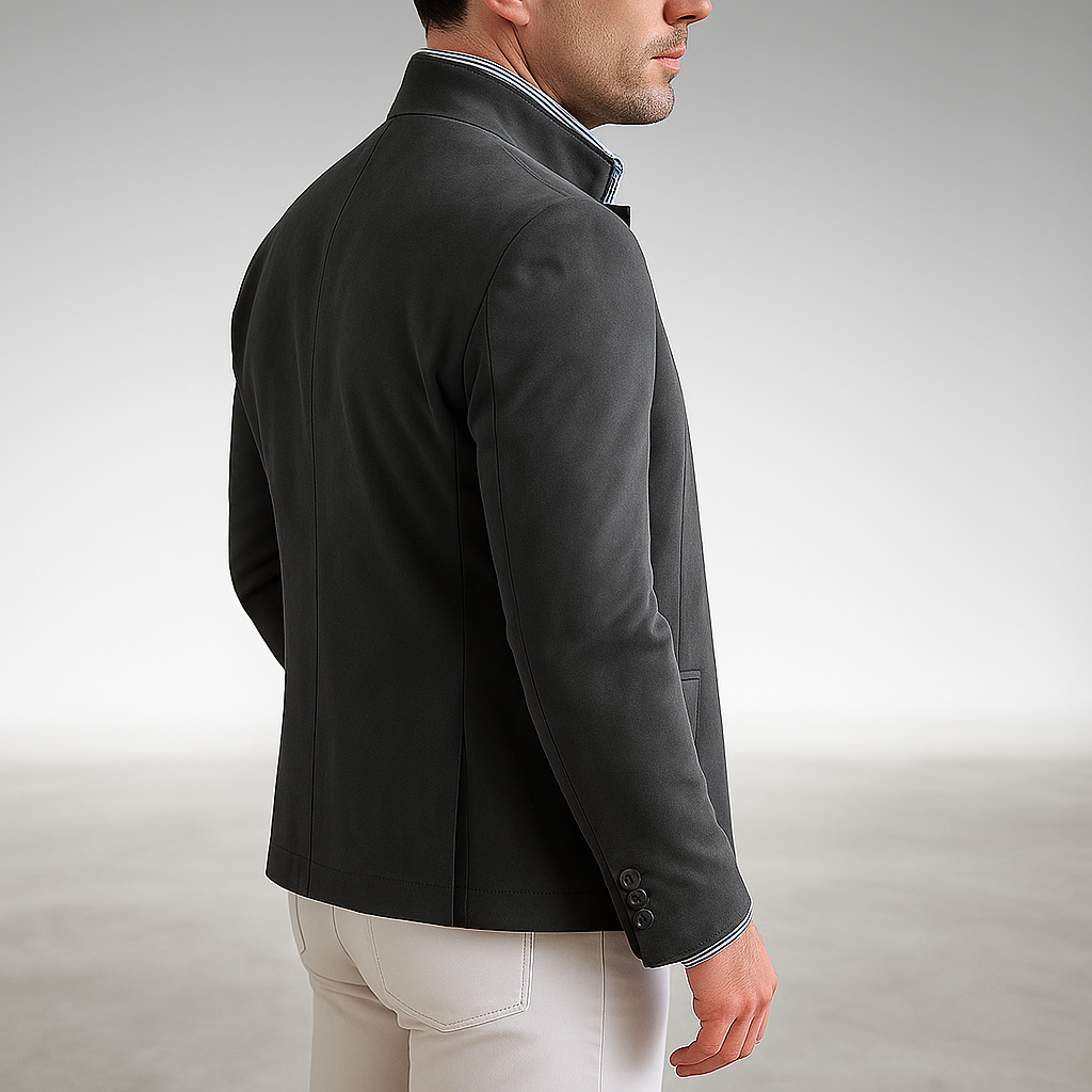 Veste structurée à col montant pour homme - Couche ajustée boutonnée sur le devant pour tenues de travail chic décontracté, looks urbains, dîners, voyages et style raffiné de mi-saison