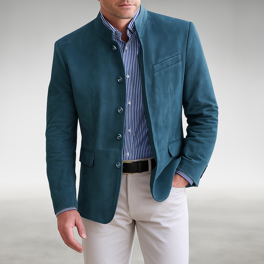 Veste structurée à col montant pour homme - Couche ajustée boutonnée sur le devant pour tenues de travail chic décontracté, looks urbains, dîners, voyages et style raffiné de mi-saison