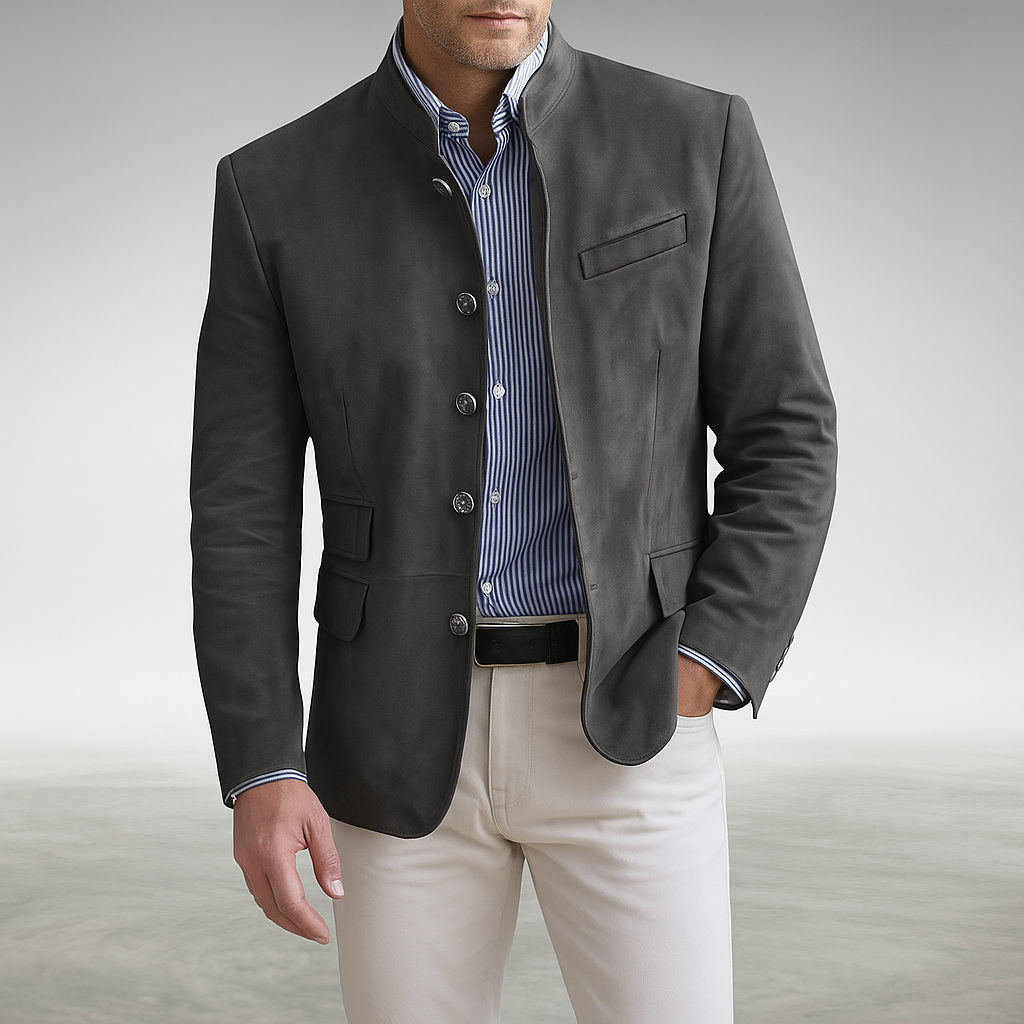 Veste structurée à col montant pour homme - Couche ajustée boutonnée sur le devant pour tenues de travail chic décontracté, looks urbains, dîners, voyages et style raffiné de mi-saison