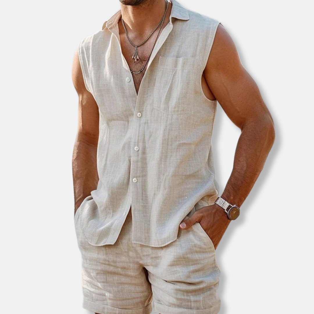 Men’s Linen-Look Sleeveless Shirt and Shorts Set – Lightweight Summer Outfit for Holidays