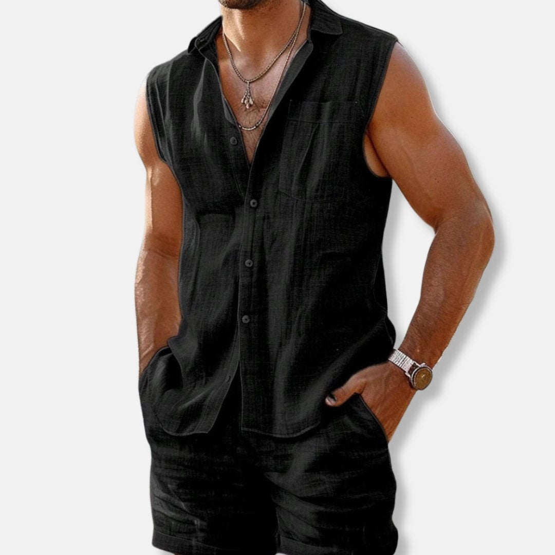 Men’s Linen-Look Sleeveless Shirt and Shorts Set – Lightweight Summer Outfit for Holidays