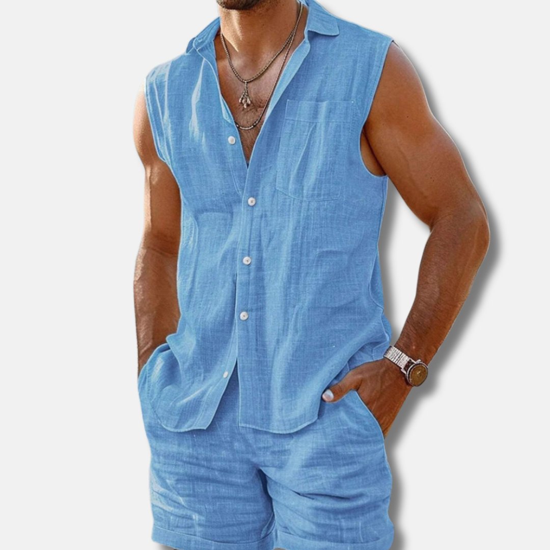 Men’s Linen-Look Sleeveless Shirt and Shorts Set – Lightweight Summer Outfit for Holidays