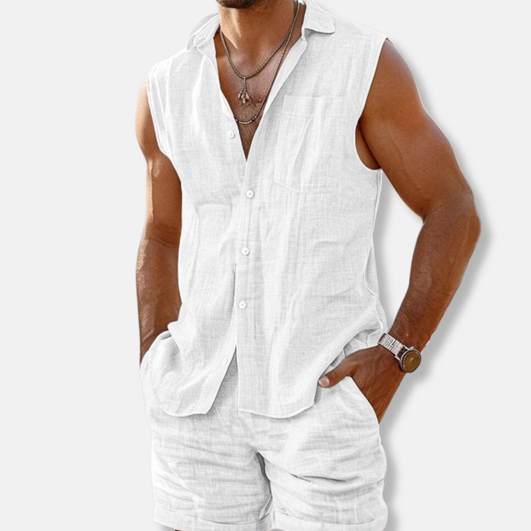 Men’s Linen-Look Sleeveless Shirt and Shorts Set – Lightweight Summer Outfit for Holidays