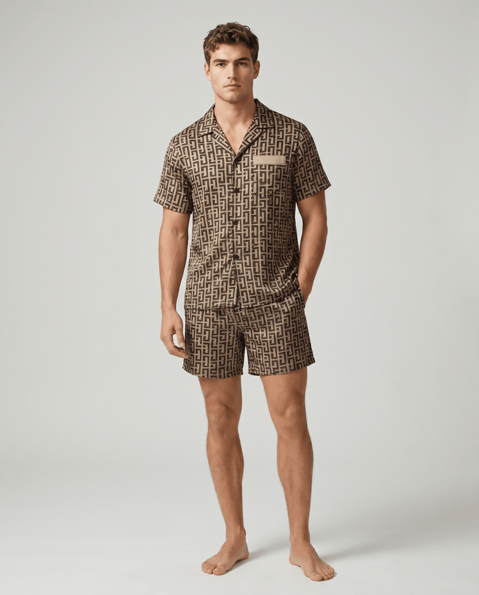 Men’s Patterned Satin Pyjama Set – Short-Sleeve Button-Up Sleep Shirt and Matching Shorts