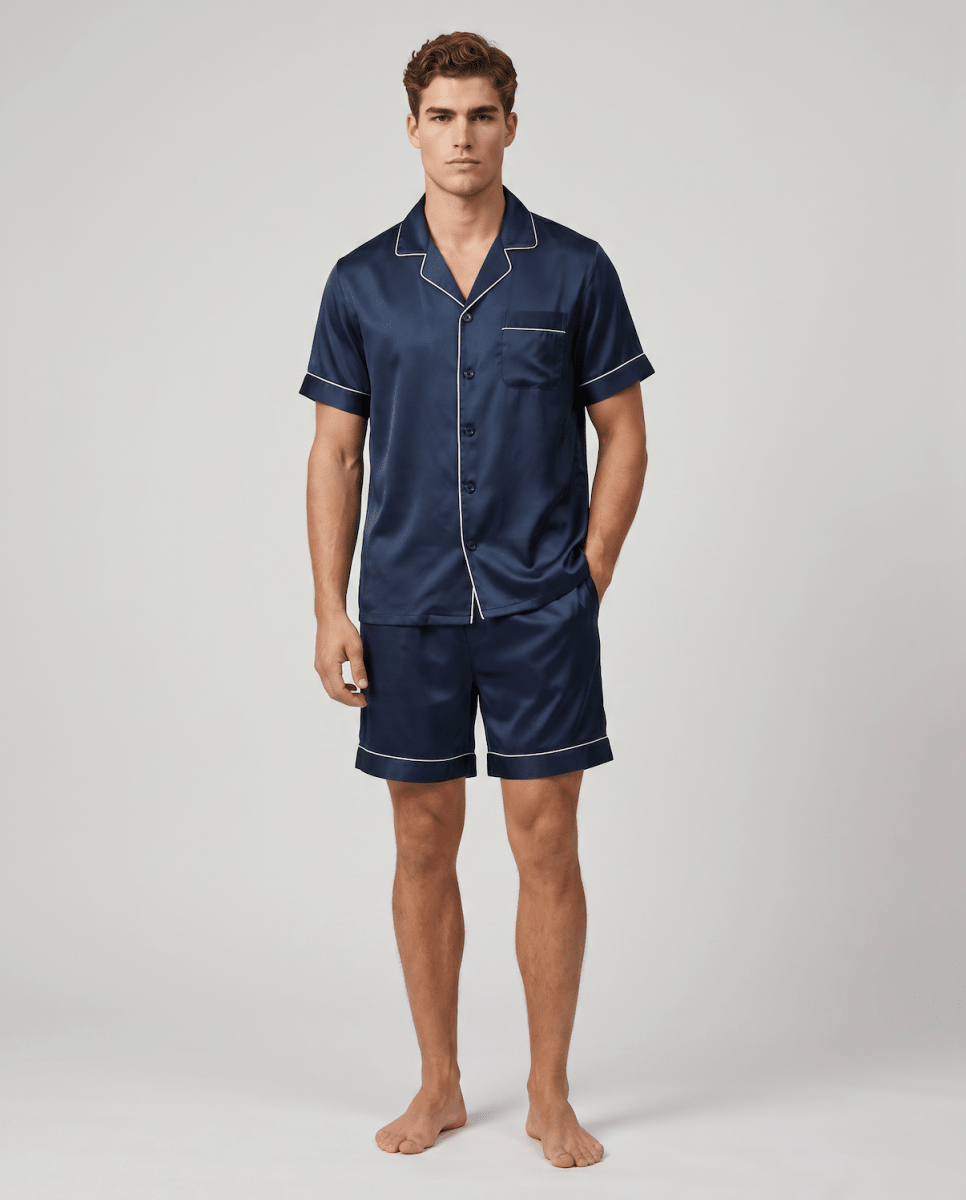 Men’s Patterned Satin Pyjama Set – Short-Sleeve Button-Up Sleep Shirt and Matching Shorts