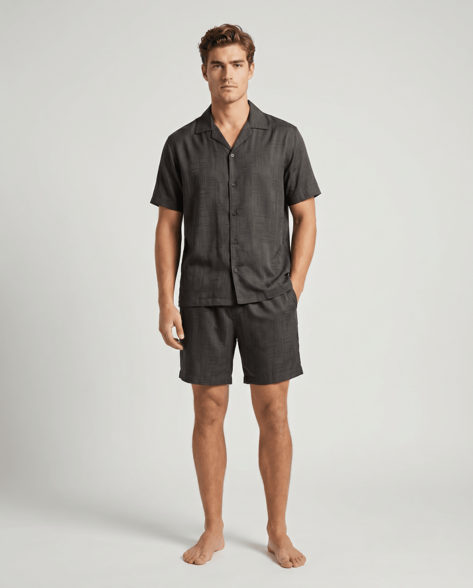Men’s Patterned Satin Pyjama Set – Short-Sleeve Button-Up Sleep Shirt and Matching Shorts
