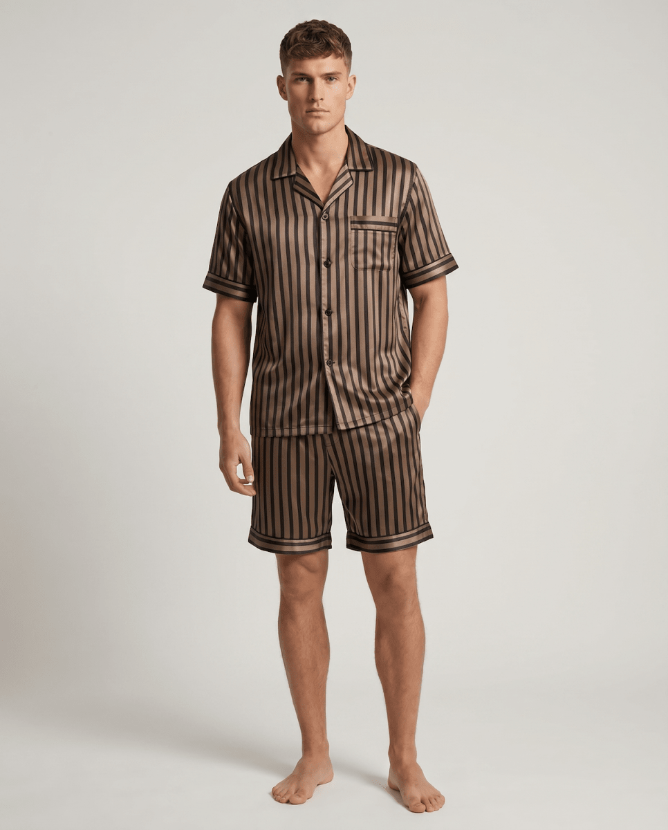 Men’s Patterned Satin Pyjama Set – Short-Sleeve Button-Up Sleep Shirt and Matching Shorts