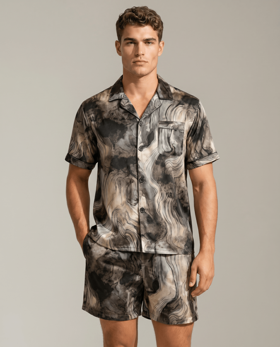 Men’s Patterned Satin Pyjama Set – Short-Sleeve Button-Up Sleep Shirt and Matching Shorts