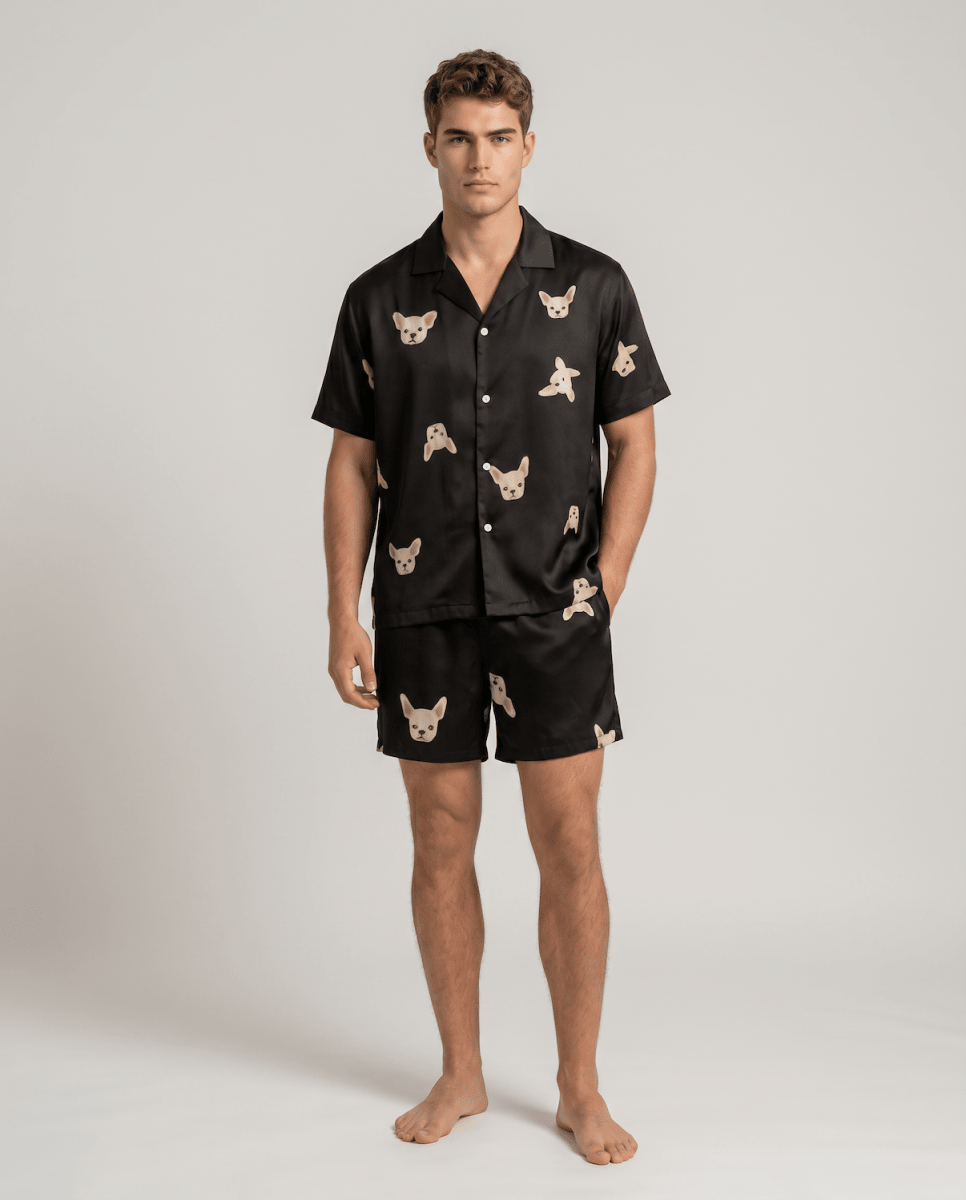 Men’s Patterned Satin Pyjama Set – Short-Sleeve Button-Up Sleep Shirt and Matching Shorts