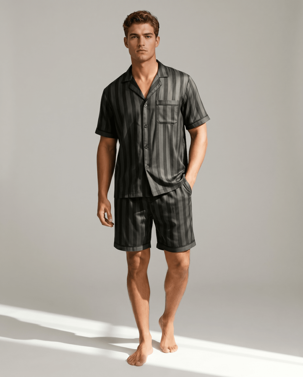 Men’s Patterned Satin Pyjama Set – Short-Sleeve Button-Up Sleep Shirt and Matching Shorts