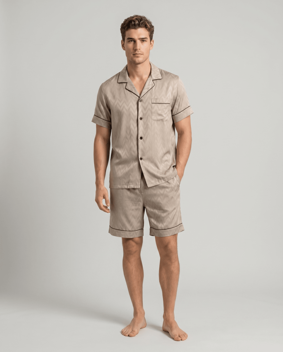 Men’s Patterned Satin Pyjama Set – Short-Sleeve Button-Up Sleep Shirt and Matching Shorts